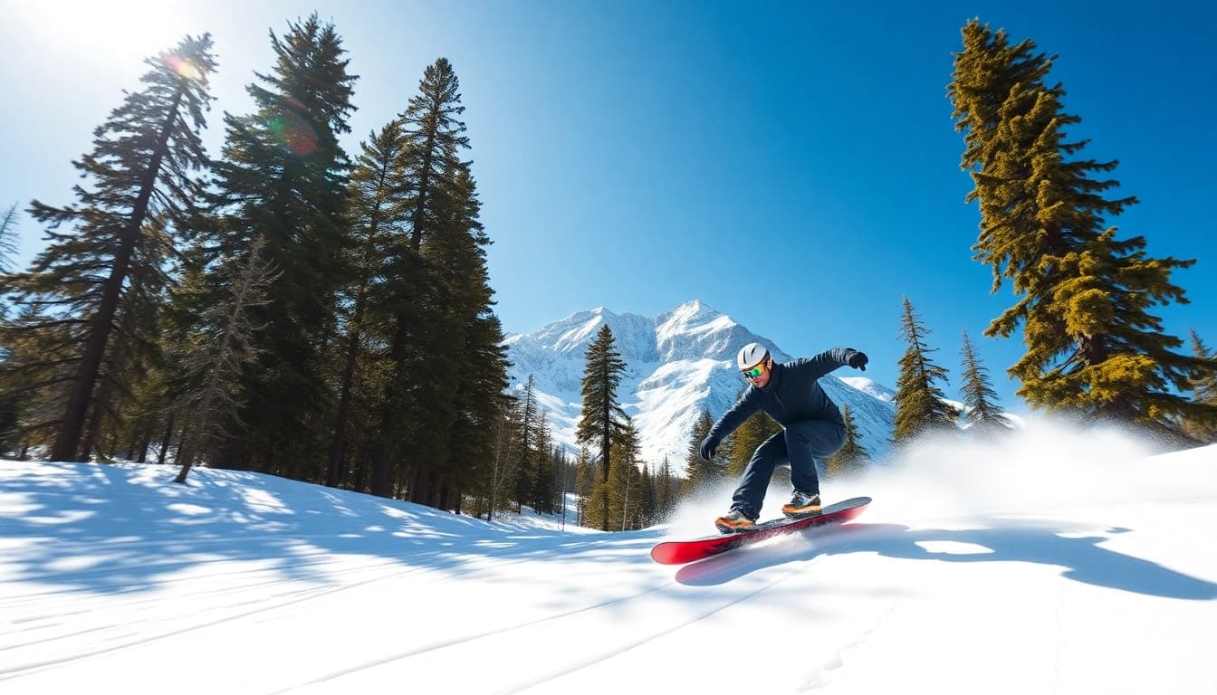 Snowboard store showcasing a dynamic snowboarder in action against a snowy mountain backdrop.