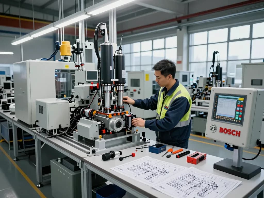 Technician examining Bosch Rexroth hydraulic systems in modern engineering workspace