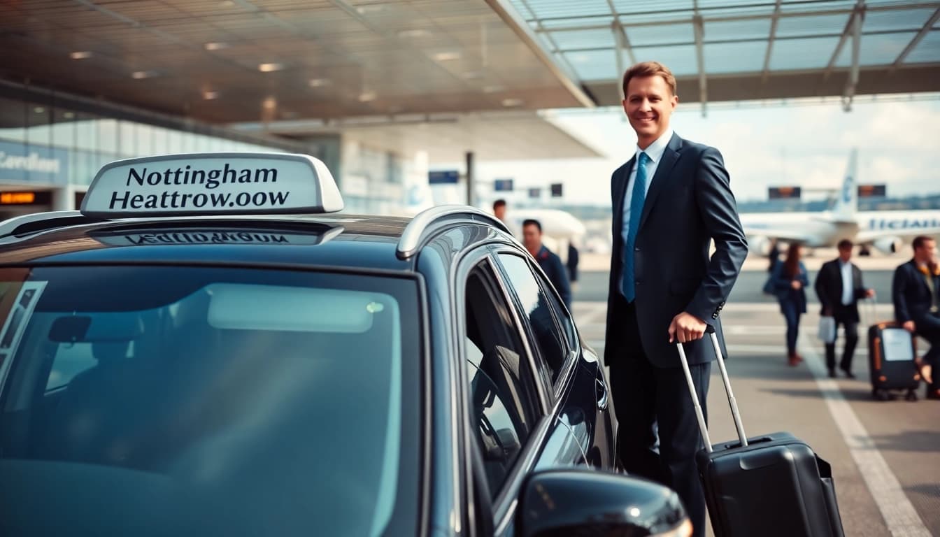 Book Nottingham to Heathrow Taxi with a sleek vehicle at the airport terminal, ideal for business travelers.