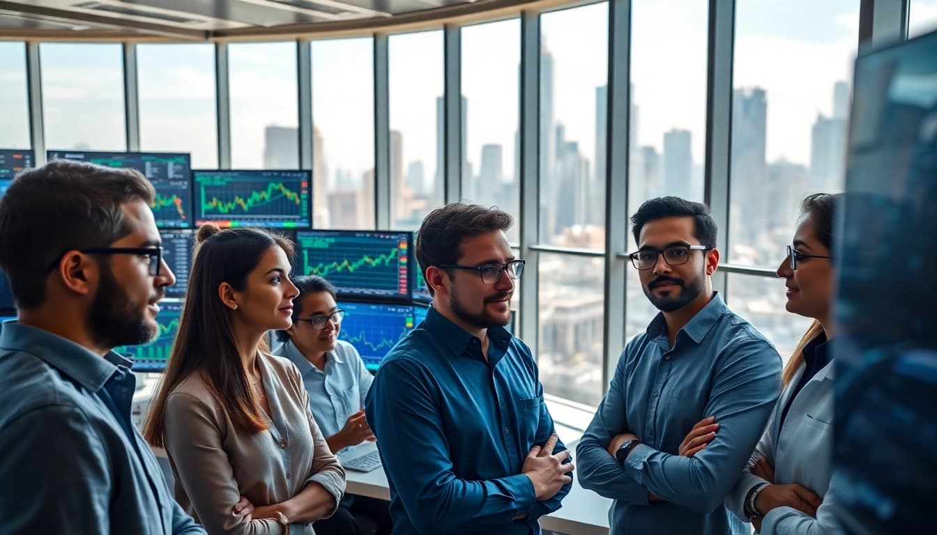 Traders collaborating in a modern office focused on crypto quant trading firms strategies.