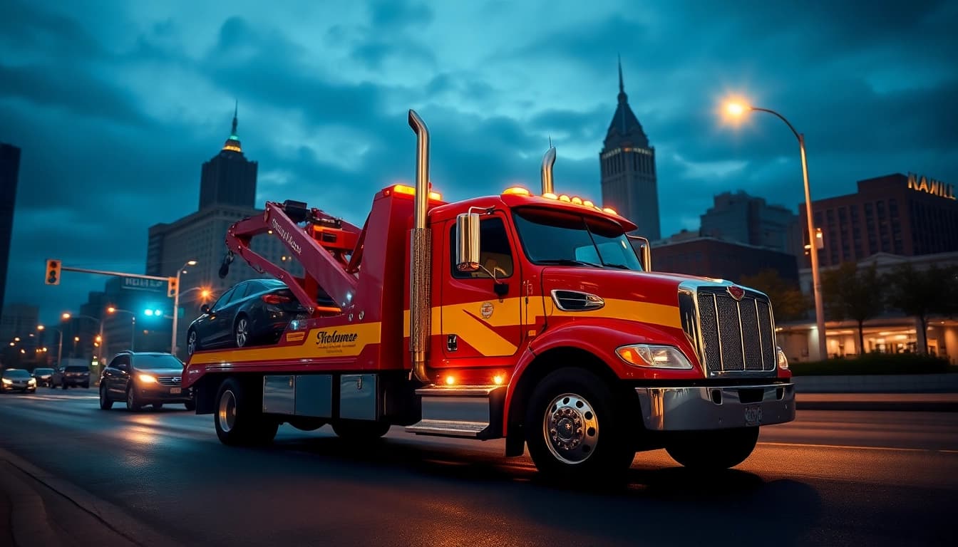 24 hour tow truck Nashville providing essential roadside assistance in an urban setting.