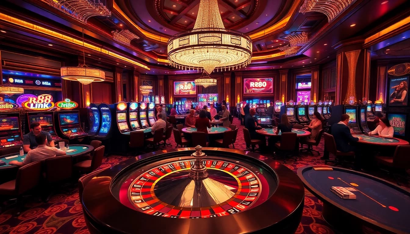 The vibrant gaming floor showcases the thrilling experience of casino gaming, with players engaged around the roulette table and the 'rr88 link' promotion shining brightly.