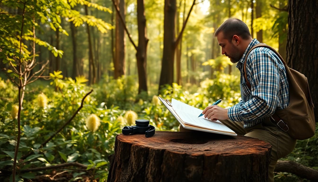 CYB Environmental expert conducting analysis in a picturesque forest ecosystem.