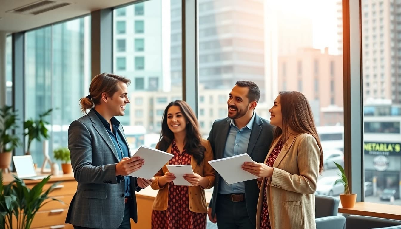Engage with a professional in Real Estate at a vibrant urban office space.