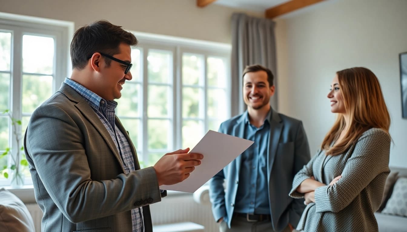 Landlord discussing Guaranteed rent in Southall with a prospective tenant in a bright living room.