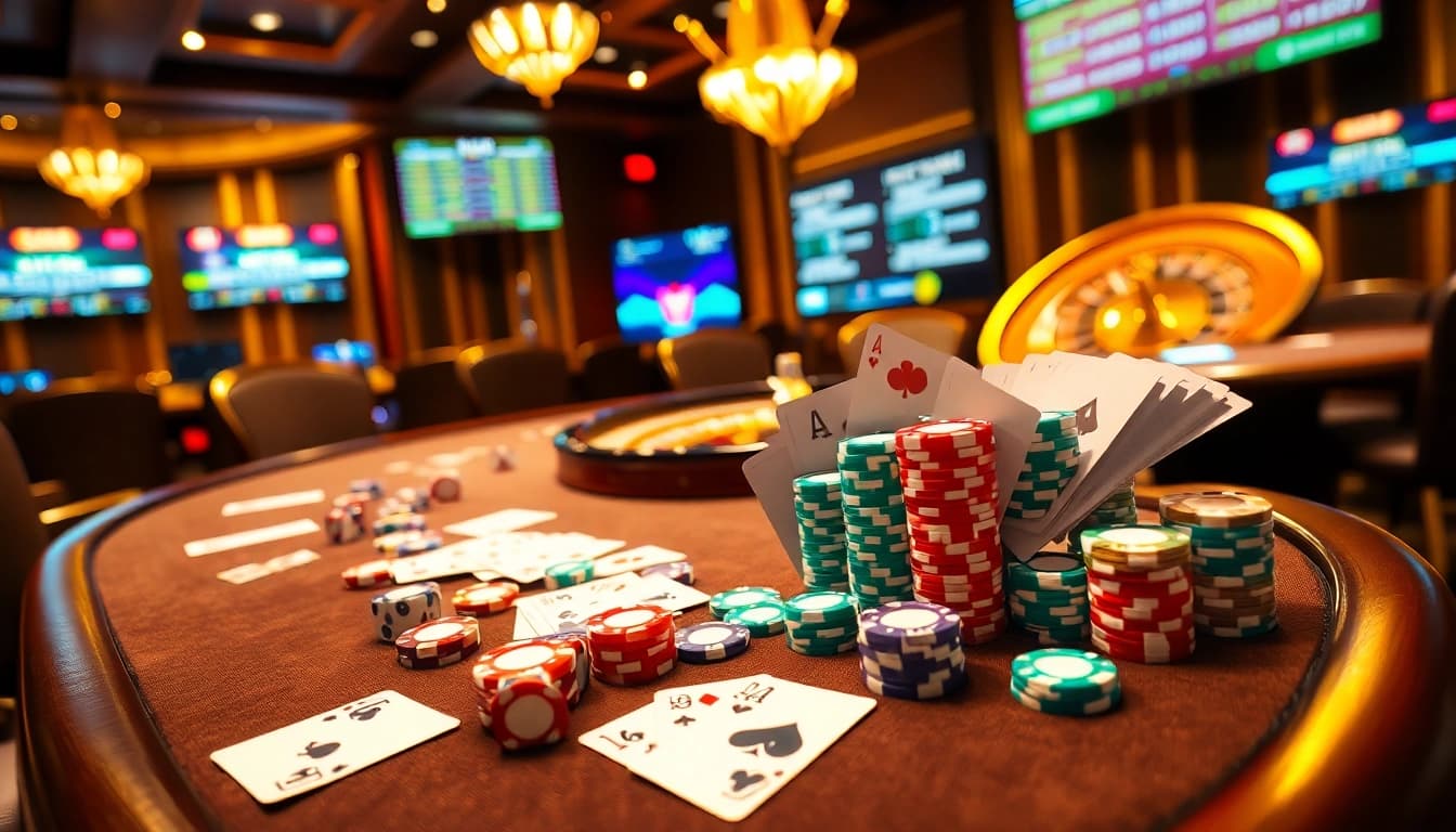 Intense poker action at https://hay88.deal/ with vibrant chips, cards, and a stylish casino ambiance.