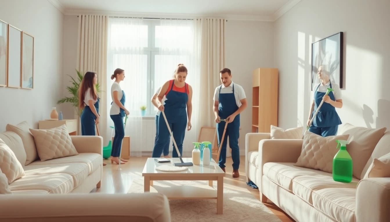 Pris hemstädning presenteras med ett vackert städat hem och professionella städare i arbete.