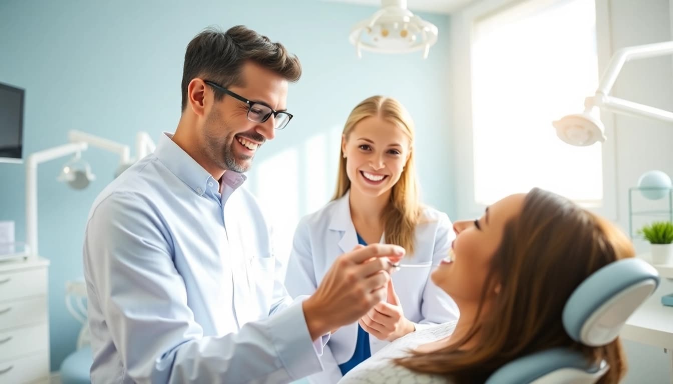 Orthodontics consultation with a smiling orthodontist assisting a patient in a bright office.