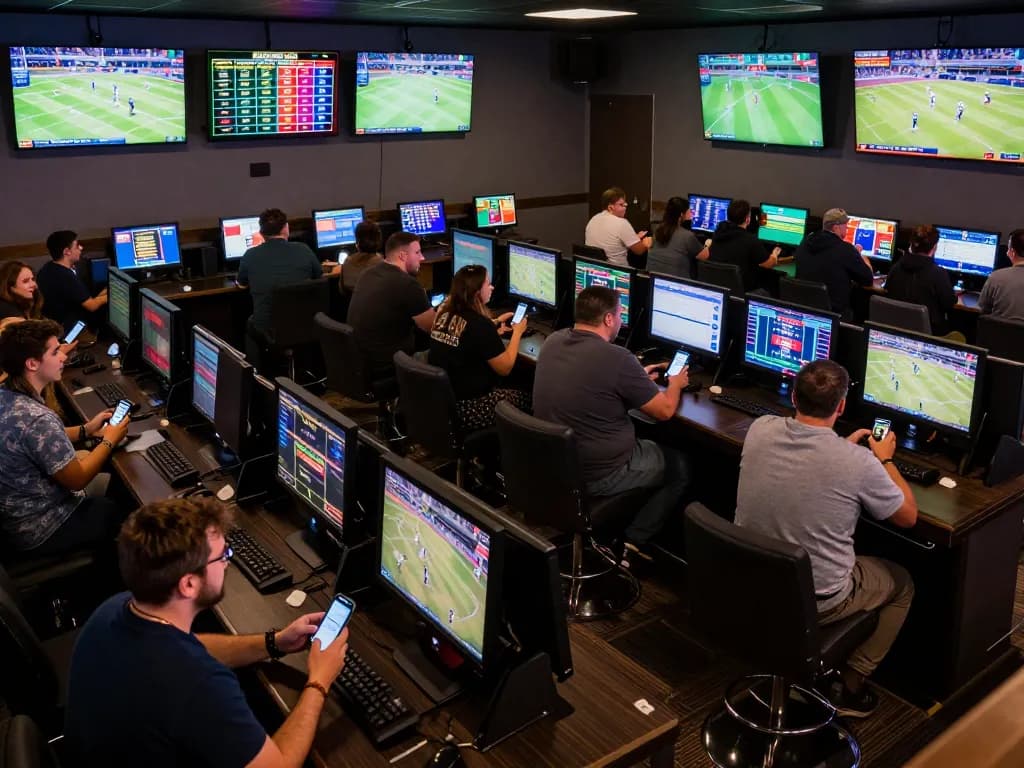 Soi Kèo enthusiasts placing bets and analyzing odds in a lively sports betting lounge