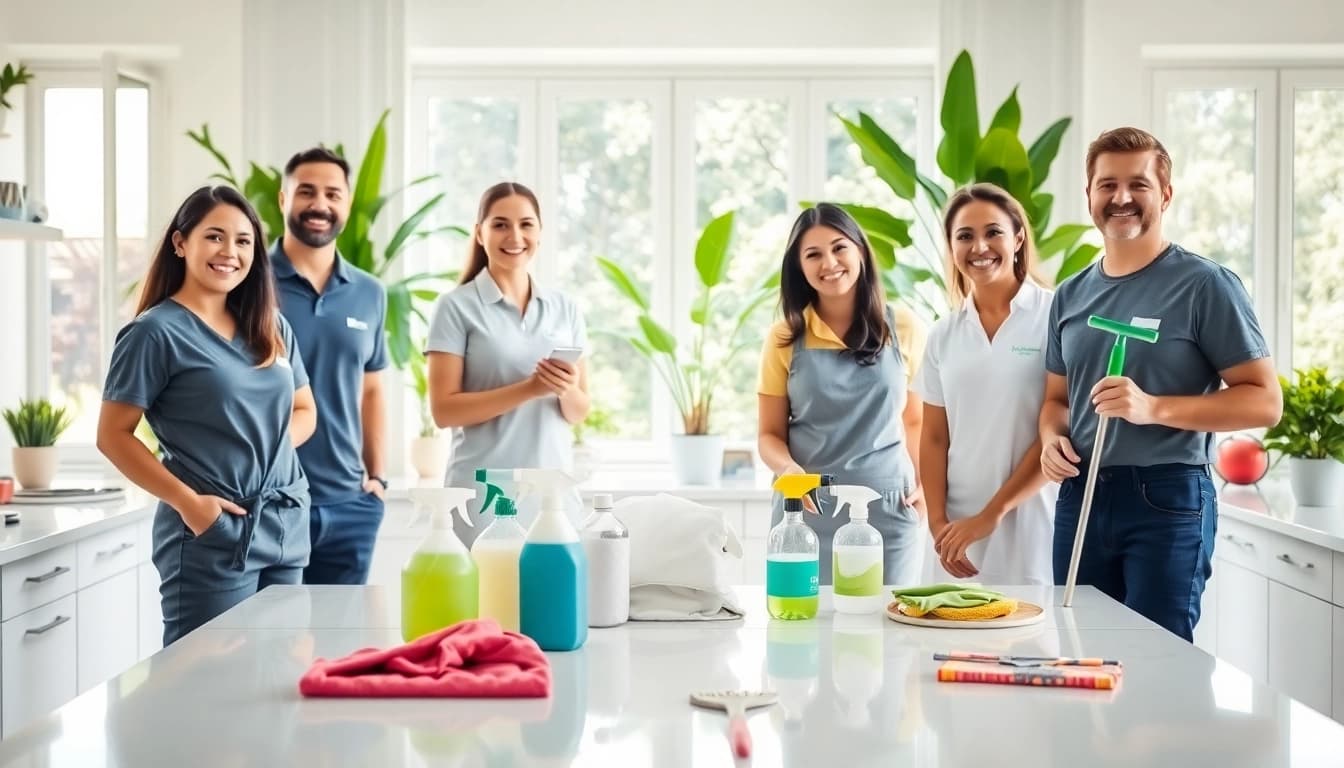 Cleaners providing exceptional cleaning service in a sparkling modern home kitchen.