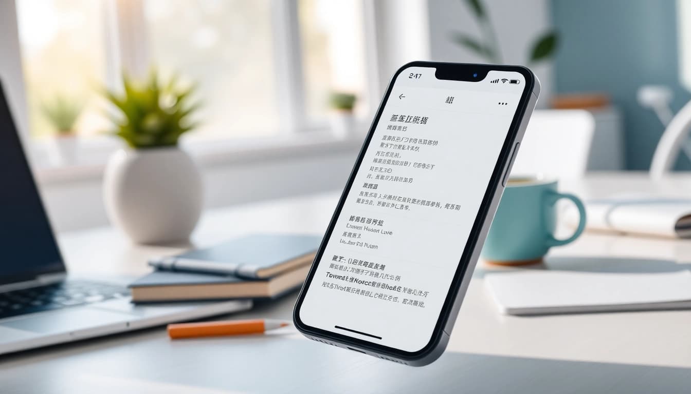 Dynamic screen of 有道翻译 app demonstrating translation features on a modern smartphone in a bright workspace.