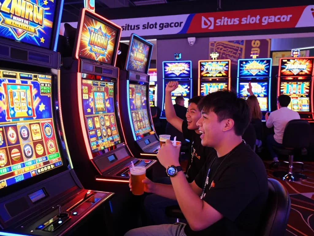 Pemandangan permainan situs slot gacor yang mendebarkan dengan pemain merayakan kemenangan di lingkungan kasino yang semarak.