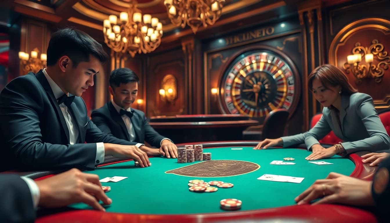 Experience high-stakes action at nhà cái 88t with players engaged in a luxurious poker game.