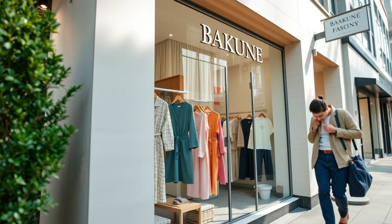 京都のBAKUNE店舗、スタイリッシュなリカバリーウェアと温かい雰囲気を特徴とする。