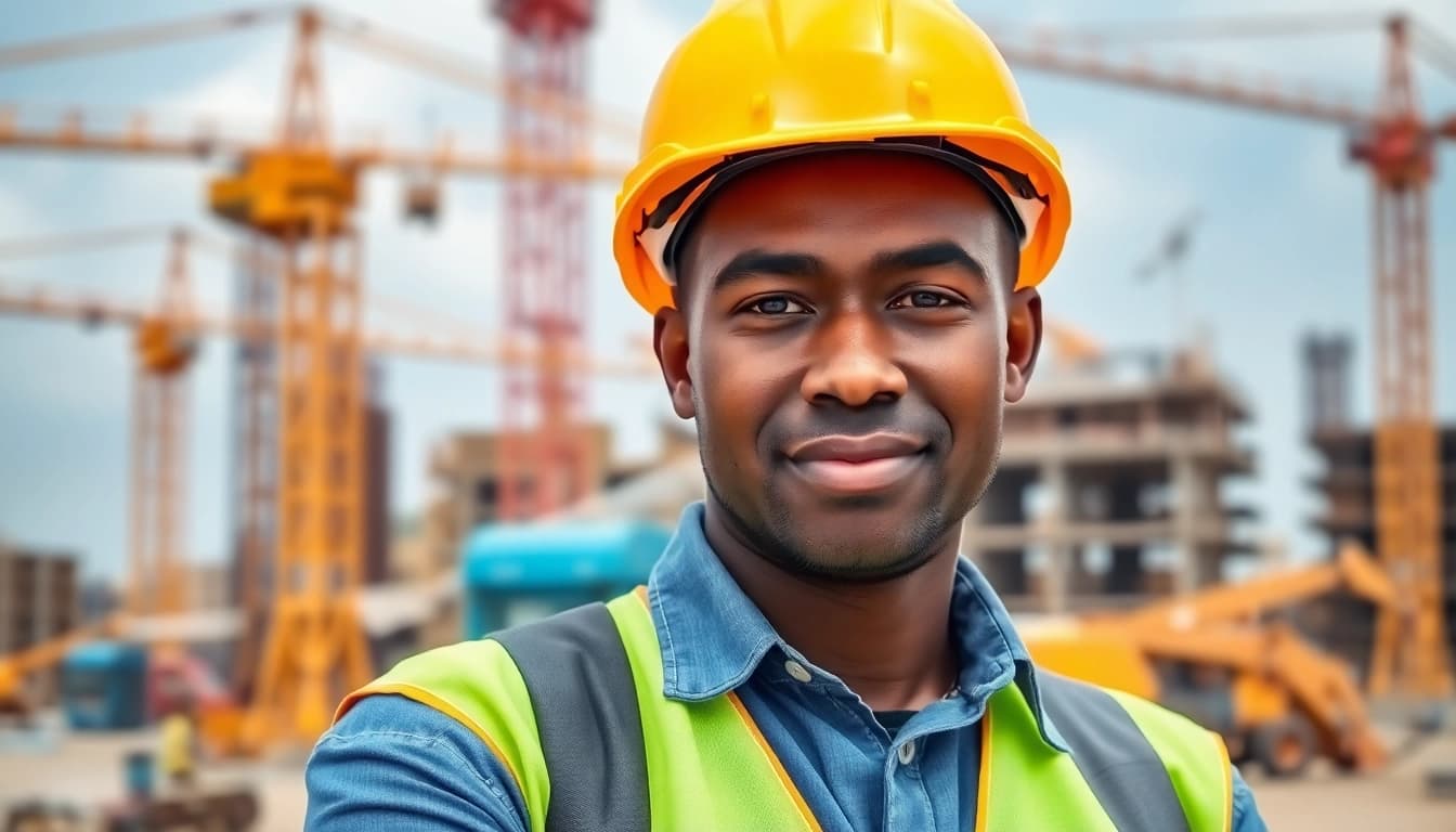 Worker in a JSP safety helmet Kenya demonstrating safety measures on a construction site.
