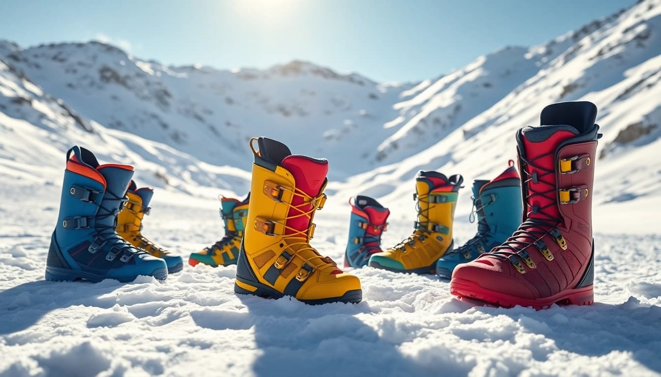 Check out quality snowboard boots in various styles against a snowy backdrop.