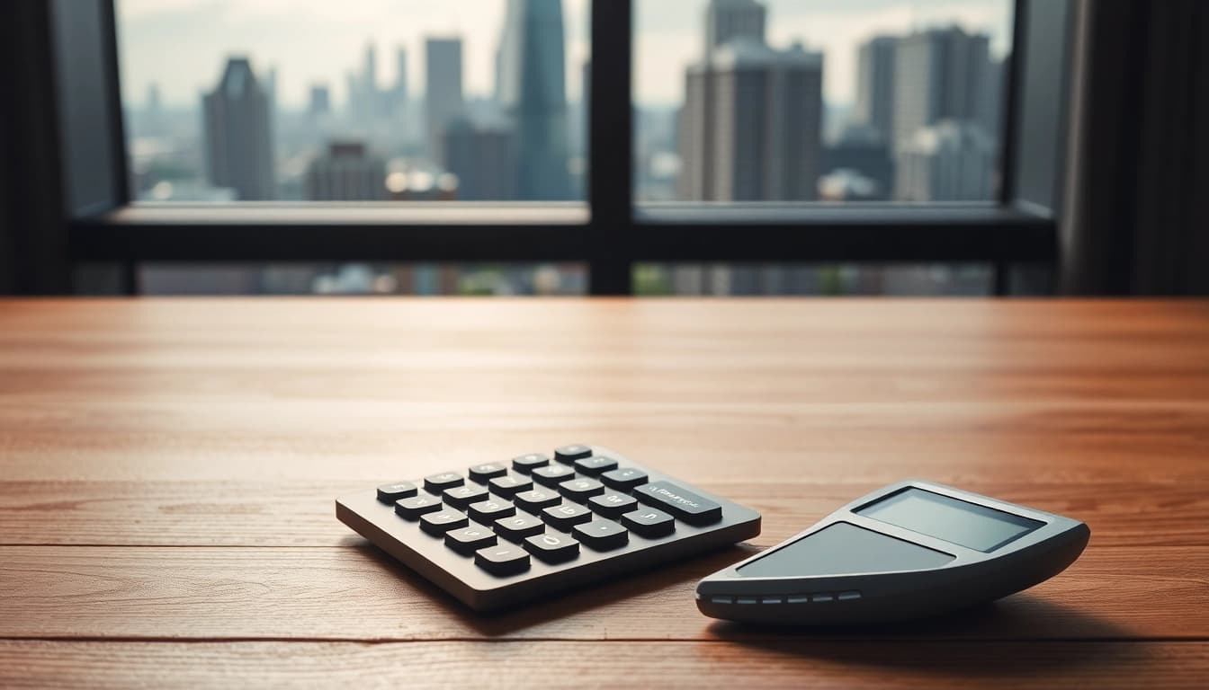 Calculate ROI for real estate using a modern calculator on a stylish desk.