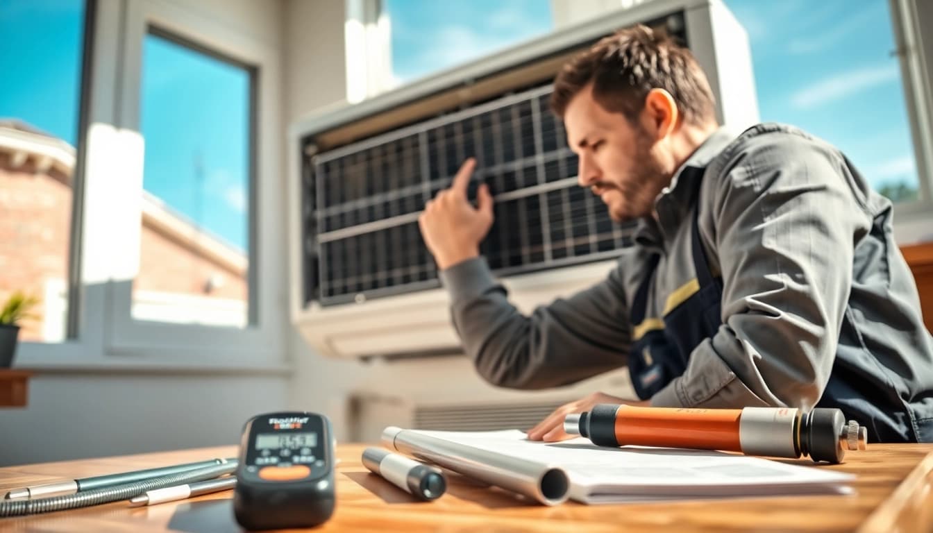 Technician provides stillwater ac repair service on an air conditioning unit.