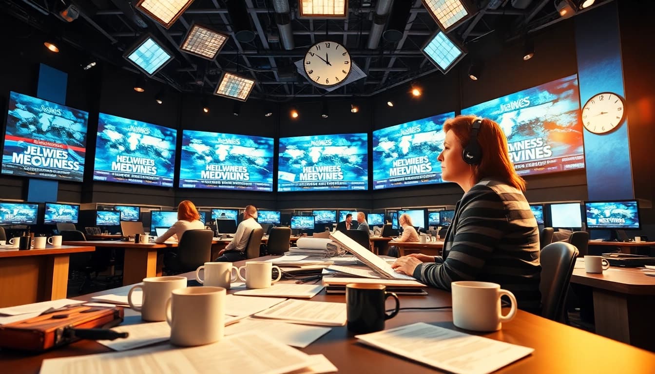 Highlighting the bustling newsroom at https://www.thedailynewsonline.com with a professional news reporter.