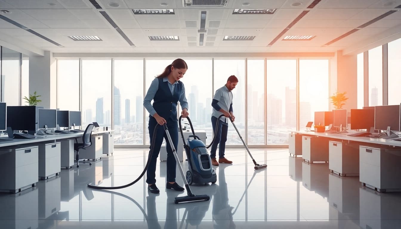 Reliable Office Cleaning Services Dubai professionals efficiently cleaning a modern corporate environment.
