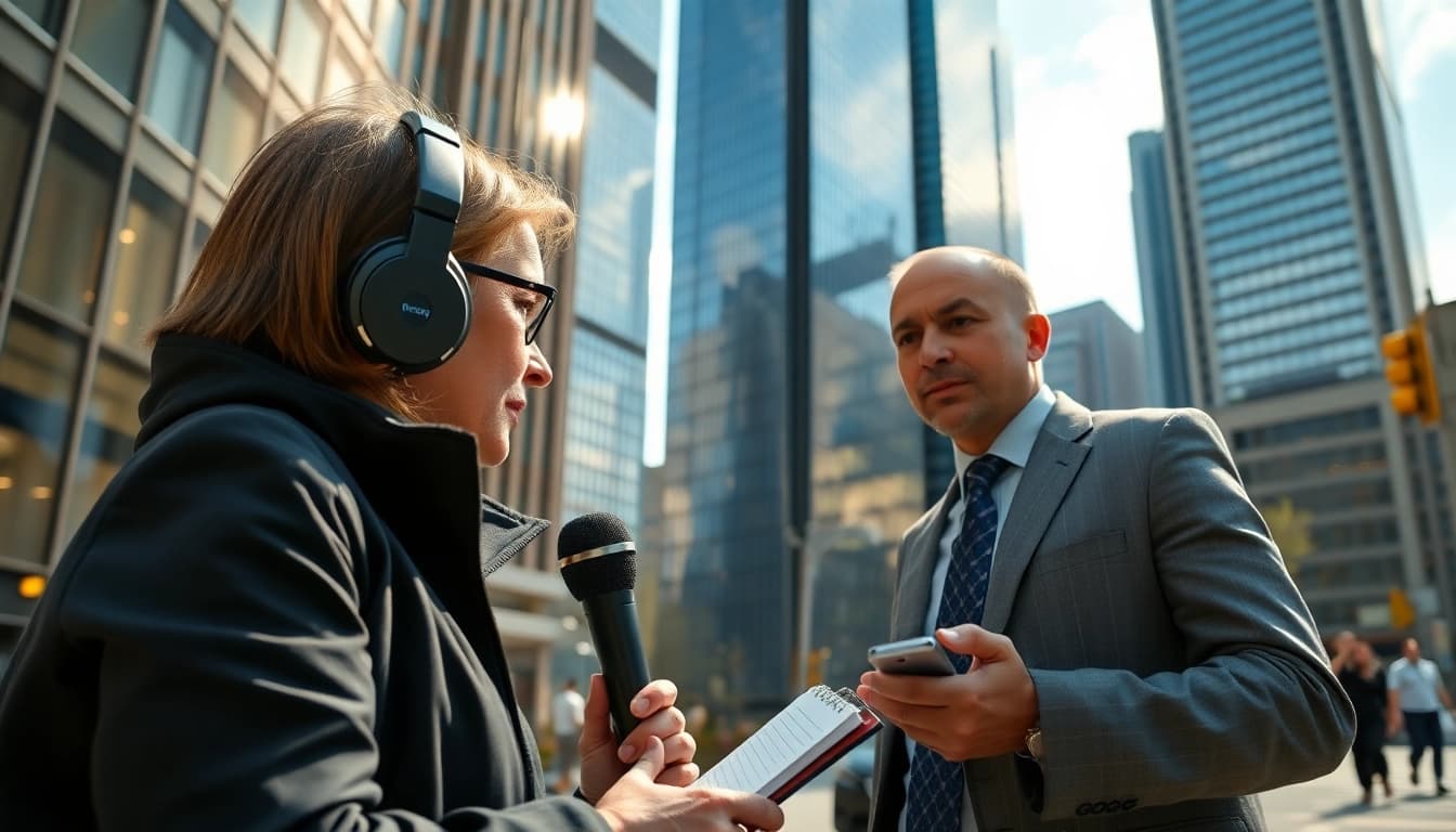 Journalist interviewing source in a vibrant urban setting for Usa Today news coverage.