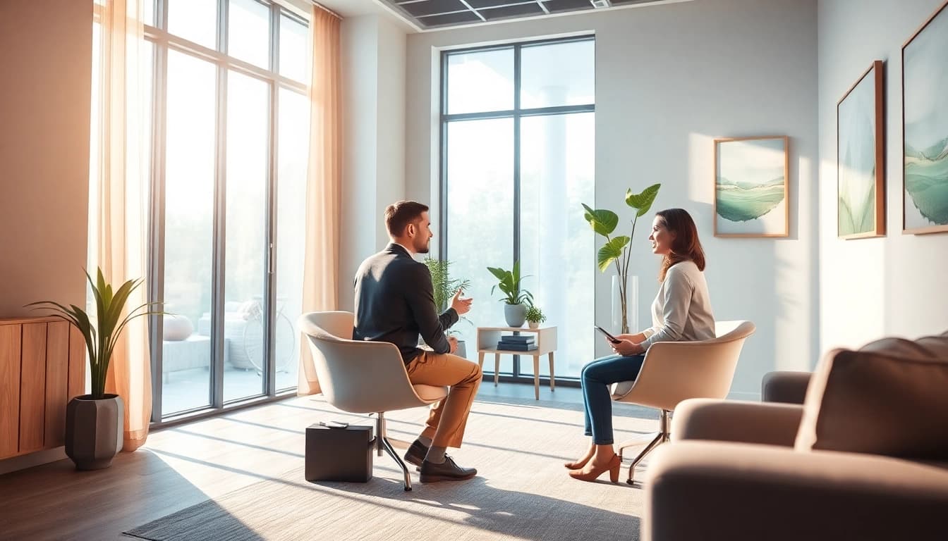 Engaging psychiatry dubai session in a peaceful, modern office with warm lighting.