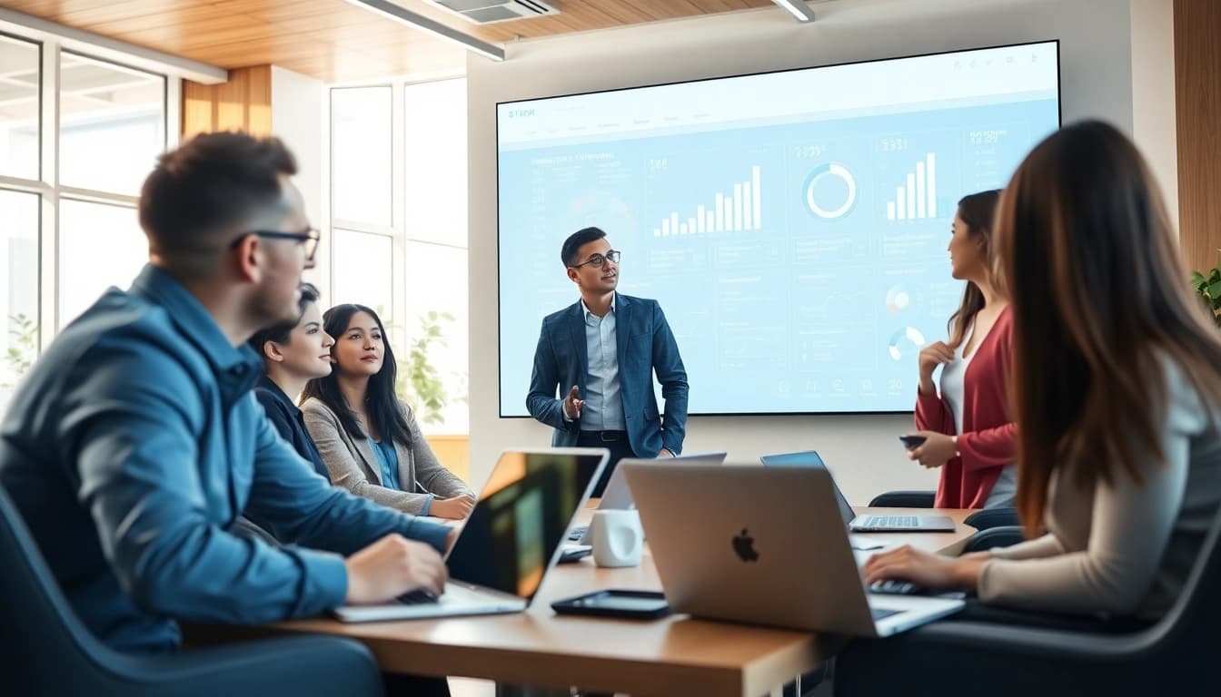 Showcase of an enterprise AI assistant supporting a diverse team in a bright office space