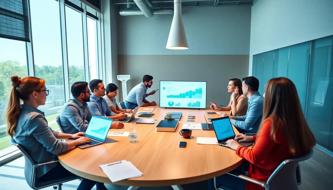 Engaging team discussing RR88 marketing strategies in a bright, modern conference room.