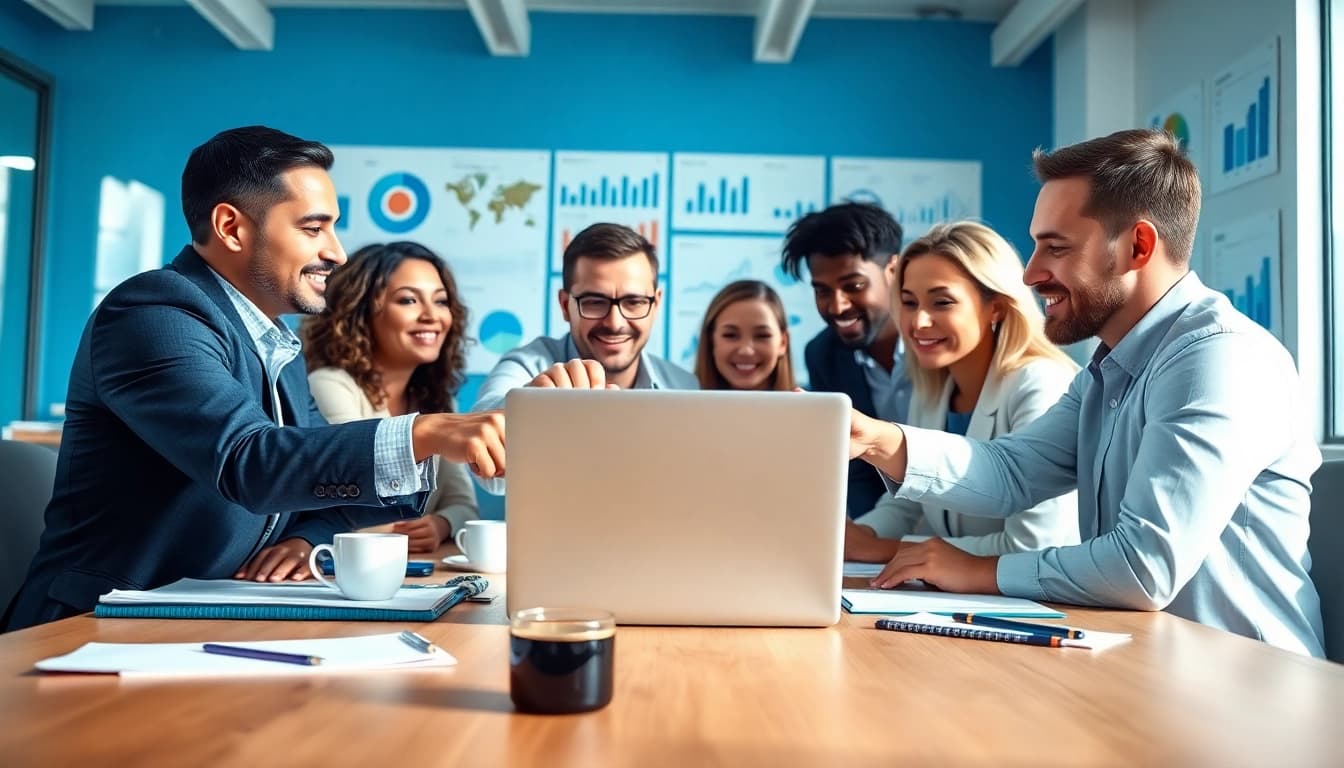 Engaged team collaborating on business strategies in a modern office environment.