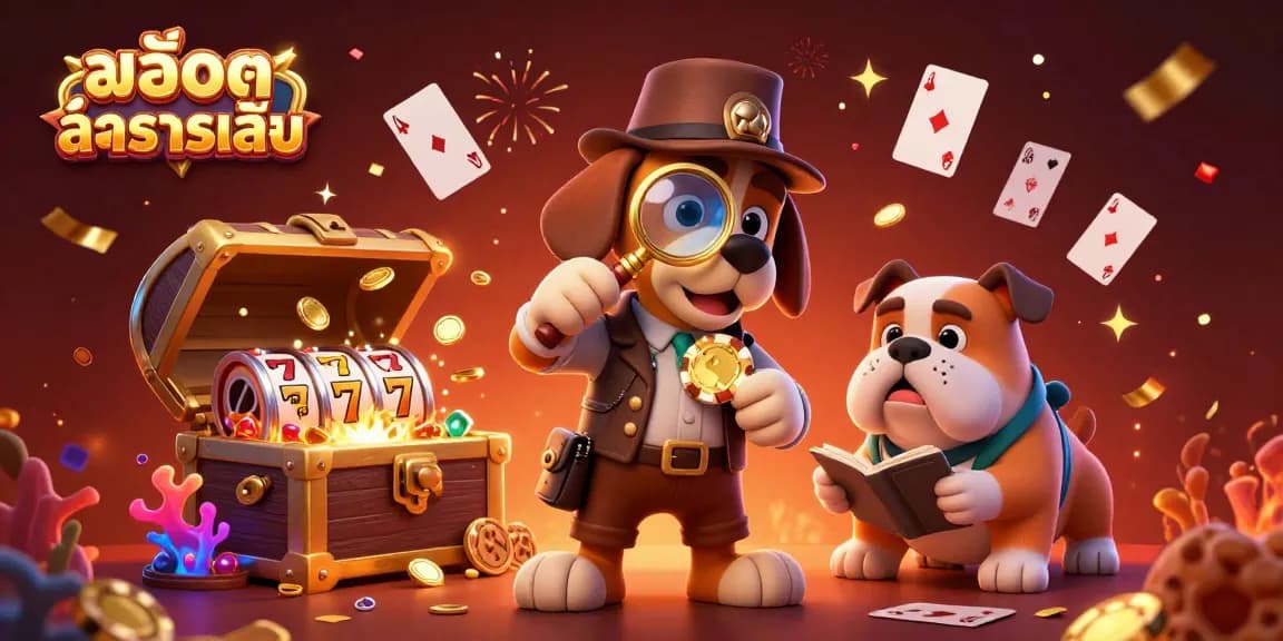 Play สล็อตทดลองเล่น with a lively cartoon illustration featuring a detective and treasure clues in a casino setting.