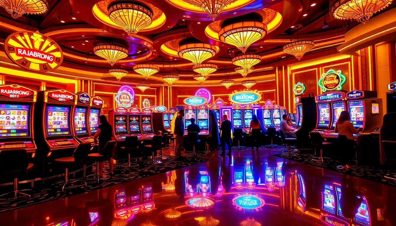 Players enjoying thrilling slot machines at RAJABARONG casino, immersed in winning excitement.