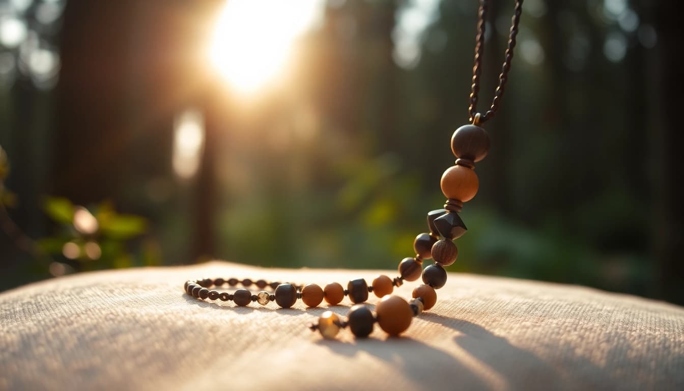 Admire the artisan craftsmanship of this monk necklace featuring natural gemstones and wooden beads.