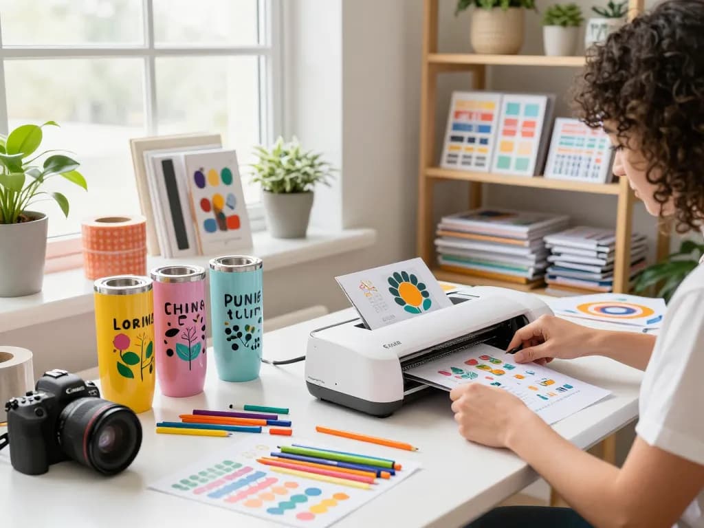 Person crafting with Cricut machine and vibrant SVG files in a lively studio.
