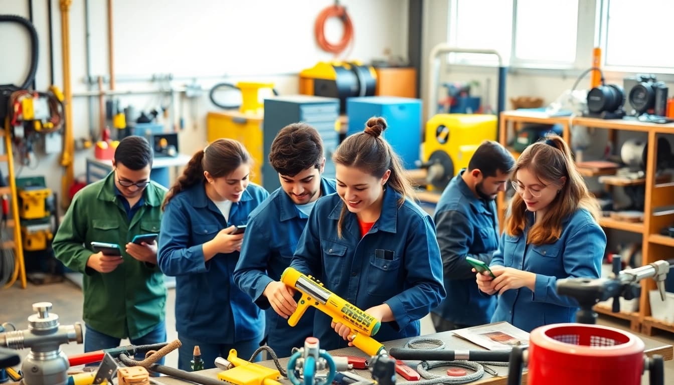 Students collaborating in a trade school workshop, showcasing hands-on learning experiences.