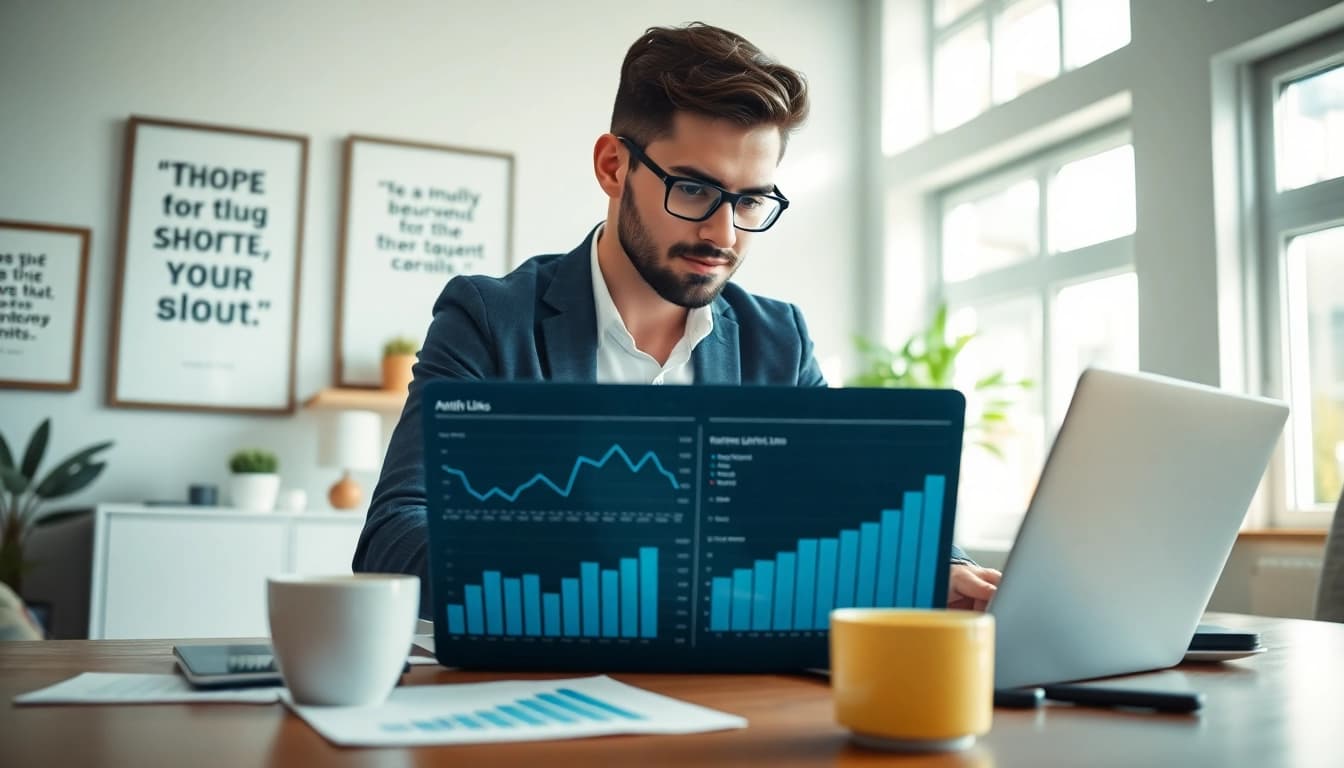 Eager entrepreneur analyzing data to earn money on short links in a sleek home office