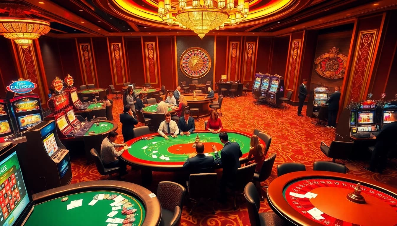 Engaging gambling scene at https://mm88.co.in/ featuring players at tables, slot machines, and celebrating wins.