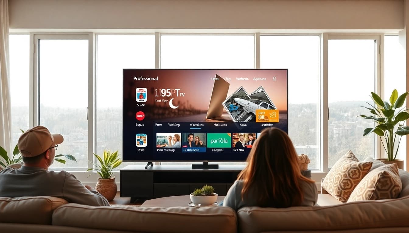 Disfruta de IPTV comprar en una sala de estar acogedora, transmitiendo entretenimiento.