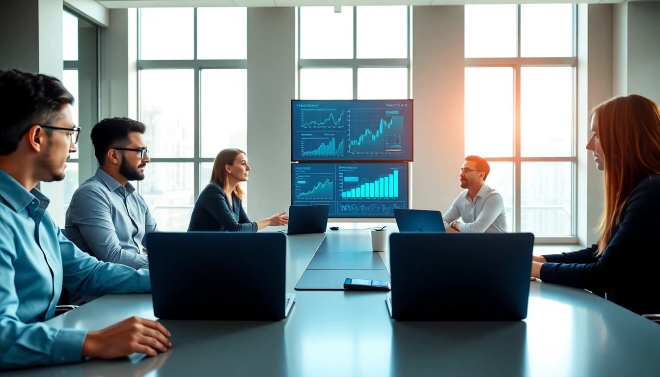 Visual of collaborative team analyzing AI for competitive intelligence insights in a bright office