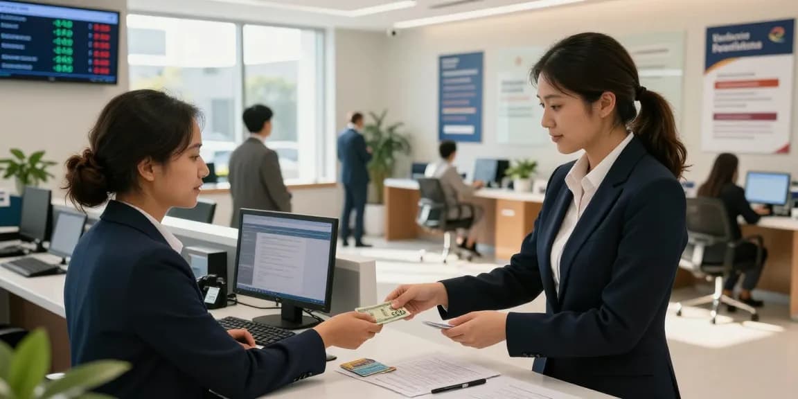 Bank teller assisting client with a deposit 5000 interaction in a modern bank.