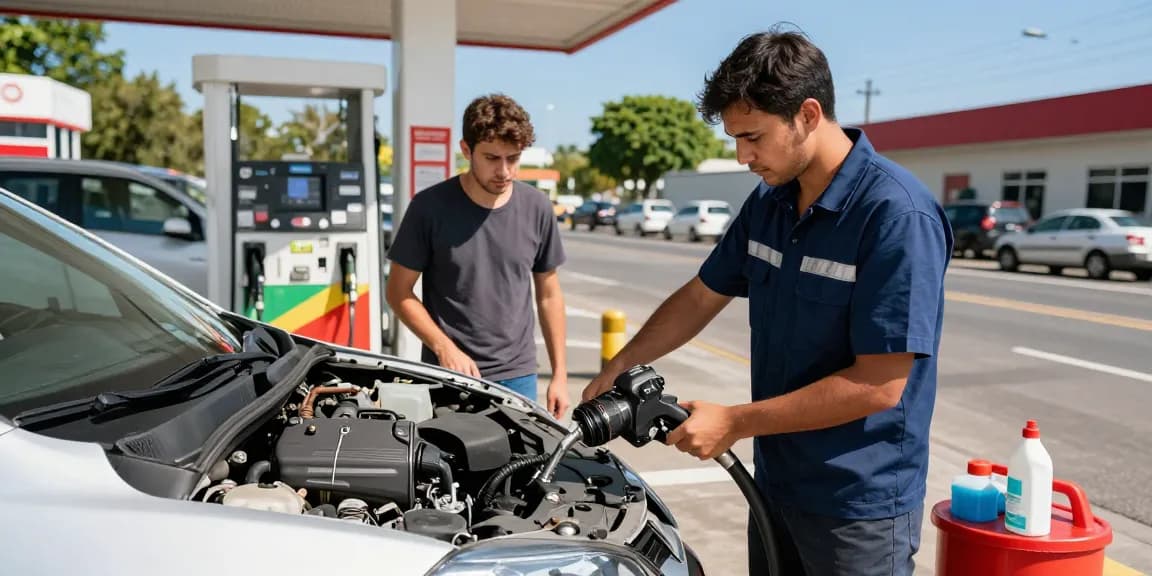 Wrong fuel in car being drained by a certified technician at a busy roadside, showcasing professional fuel recovery service.
