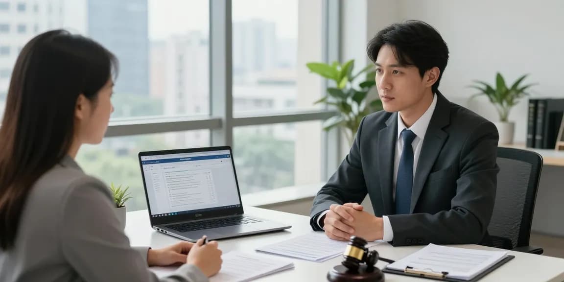 개인회생 상담 중인 변호사와 고객이 대화하는 현대적인 법률 사무실 모습