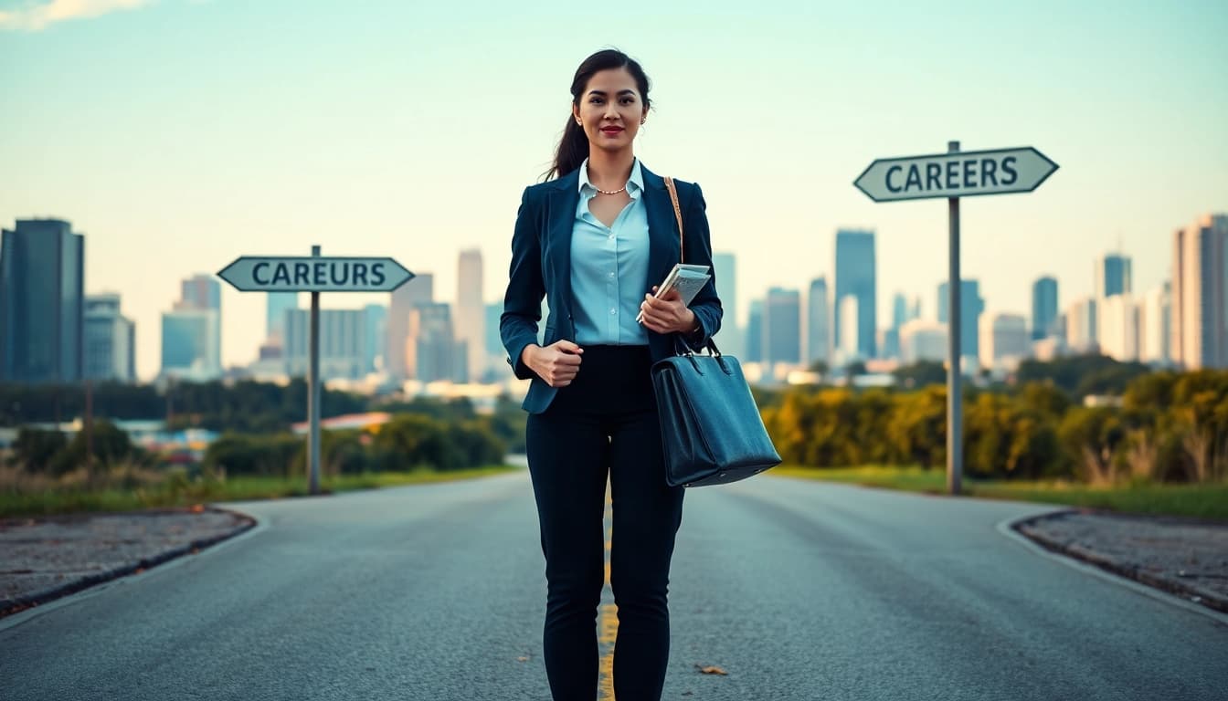 Professional woman contemplating her path to Find my true calling at a career crossroads.