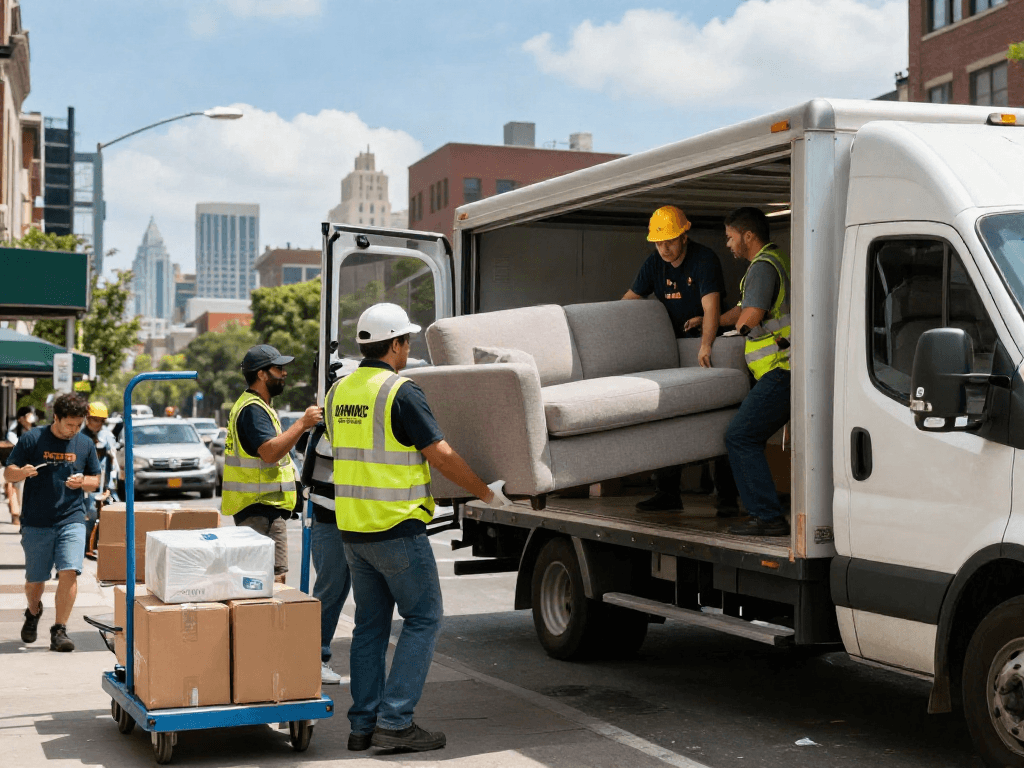 Efficient moving company team loading furniture onto truck in busy urban setting.