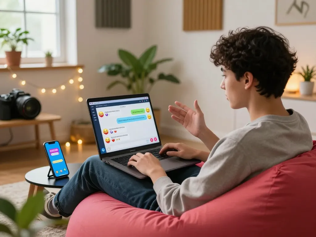 Young adult engaged in a spicy chat with an AI companion in a cozy digital lifestyle setup.
