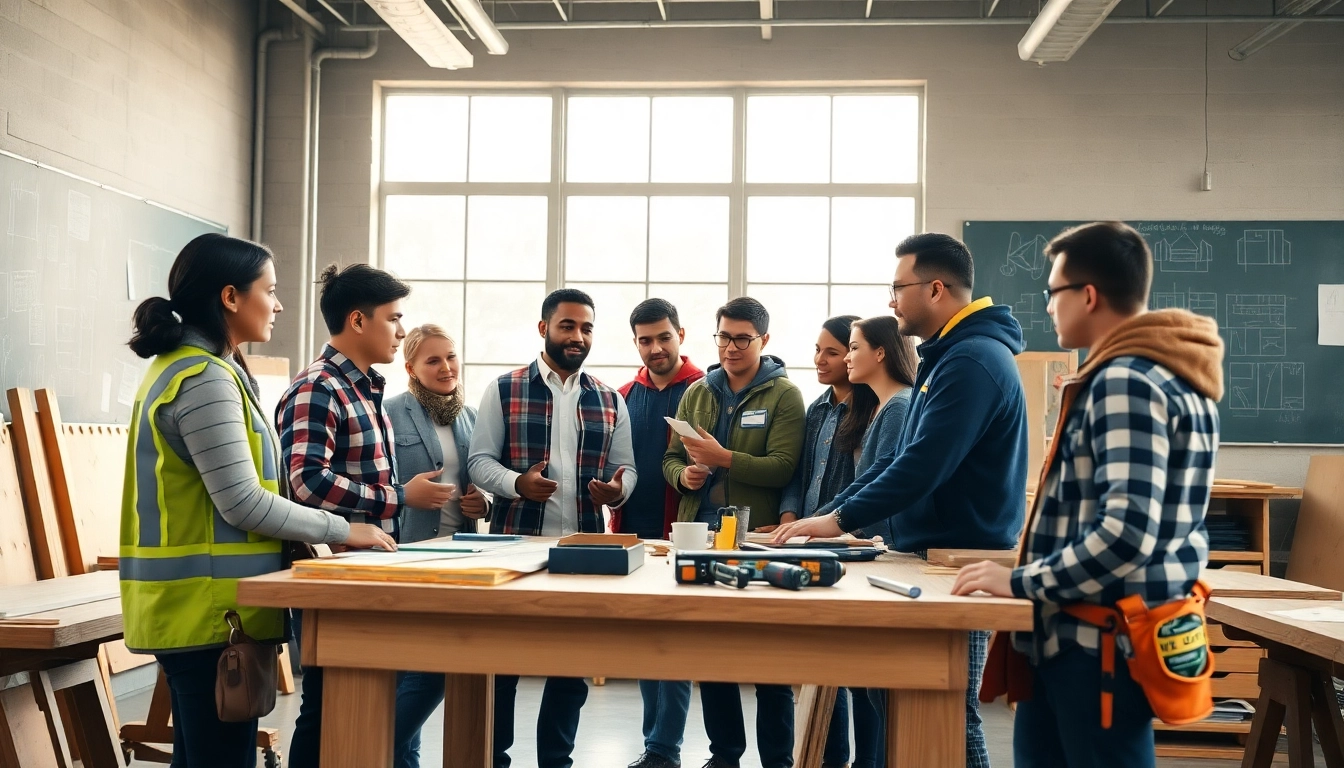 Engaged students in construction education practice hands-on skills in a collaborative classroom.