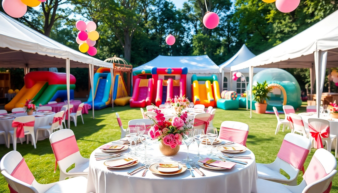 Guests enjoying Party Rentals with colorful tents and decorations in a vibrant outdoor setting