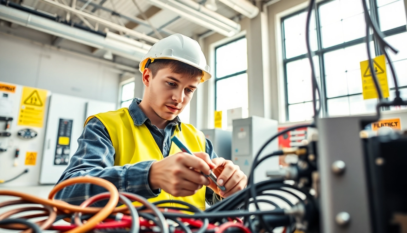 Electrician apprenticeship training with a focused individual inspecting wiring and tools in a bright workshop.