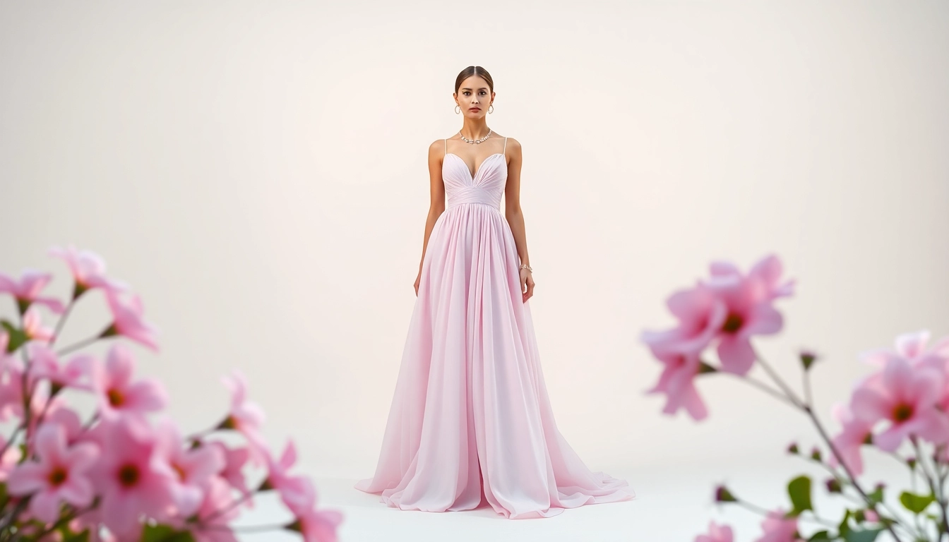 Showcasing fashion elegance, a model displays a stunning evening gown amidst floral elements.
