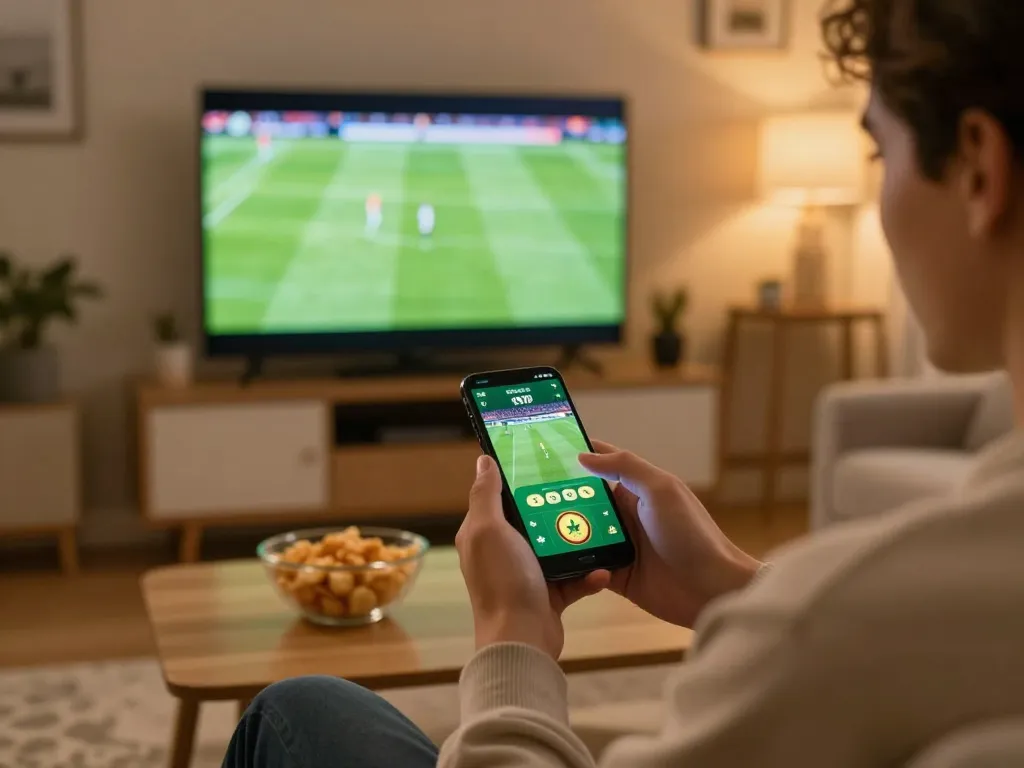 Cá cược bóng đá excitement as a user places a bet on a smartphone app while watching a live match