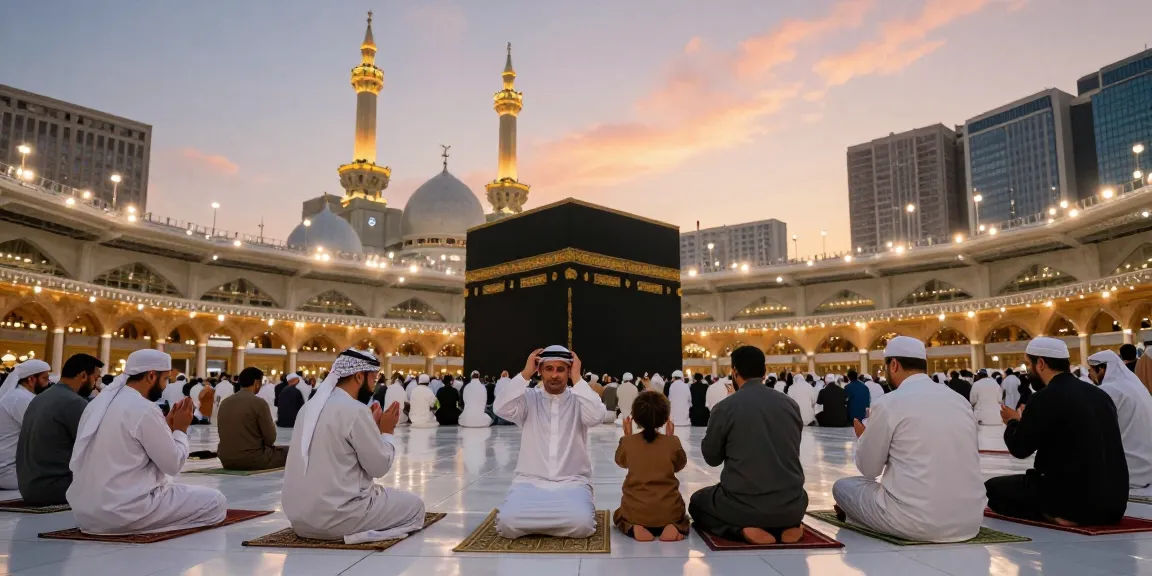Umroh Ramadhan pilgrimage experience featuring worshippers at the Kaaba, capturing the essence of travel, spirituality, and tourism.